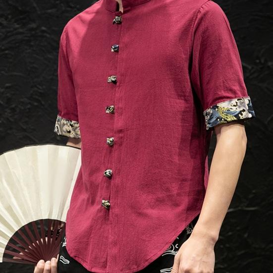 Мужская весенняя рубашка в китайском стиле с воротником-стойкой и принтом на манжетах с коротким рукавом, сплошной цвет, однобортный узел, пуговицы, неровный подол, кардиган средней длины, топ