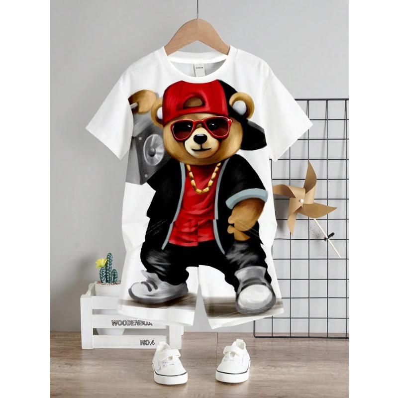 Superhero & Young Boy Casual Cartoon Patterned Short Sleeve Round Neck Top And Shorts Set, Suitable For Summer