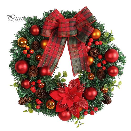 Рождественский венок с красным клетчатым бантом Сосновая шишка Игольчатый шар Ягода Многоразовый праздник Крытый открытый Окно Передняя дверь Настенный подвесной искусственный
