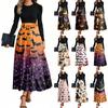 Women's Fashion Casual Belted Long Sleeve Round Neck Halloween Printed Elegant Temperament Dresses