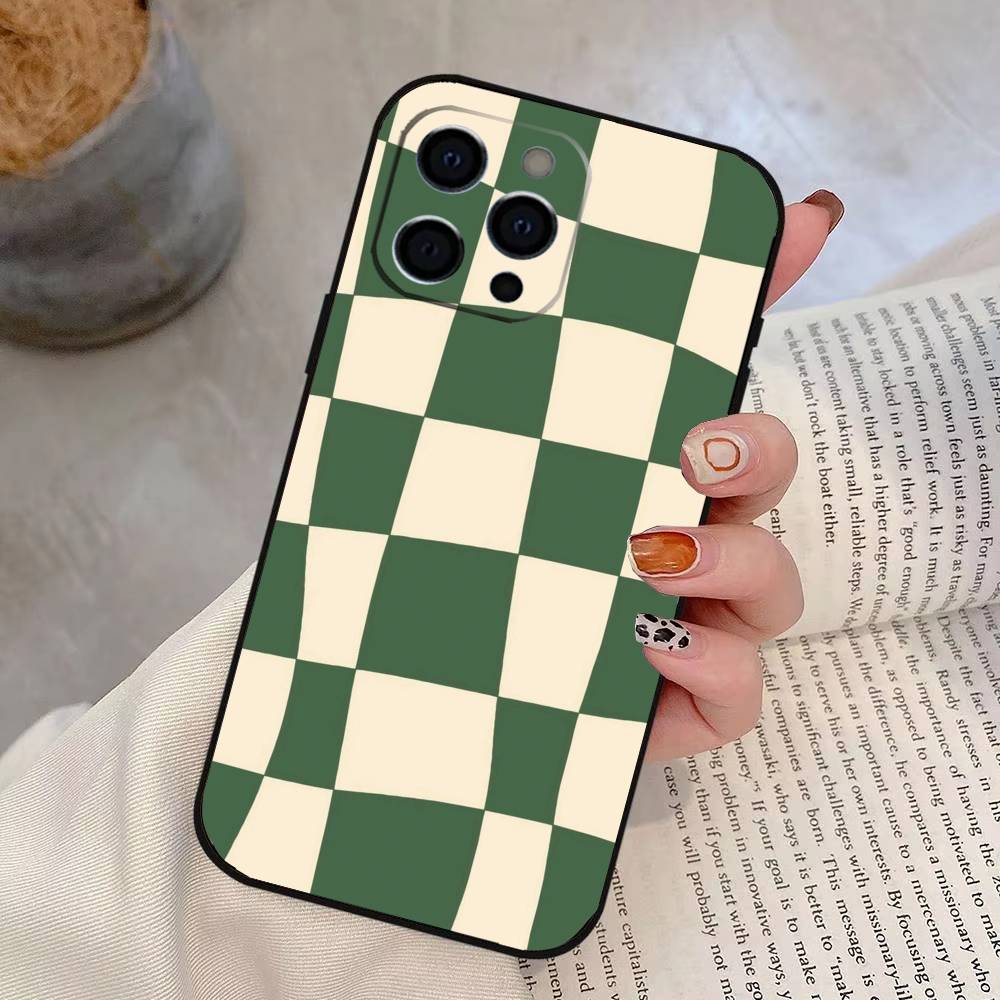 Однотонный клетчатый чехол для телефона для iPhone 17,16,15,14,13,12,11 Plus,Pro Max,XS,Мягкий силиконовый черный чехол