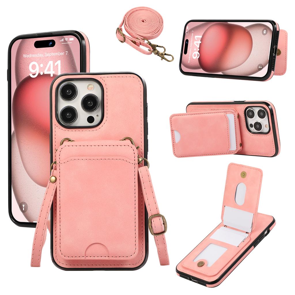 For iPhone 15 Pro Max Case Card Holder Kickstand Leather+TPU Phone Cover with Shoulder Strap