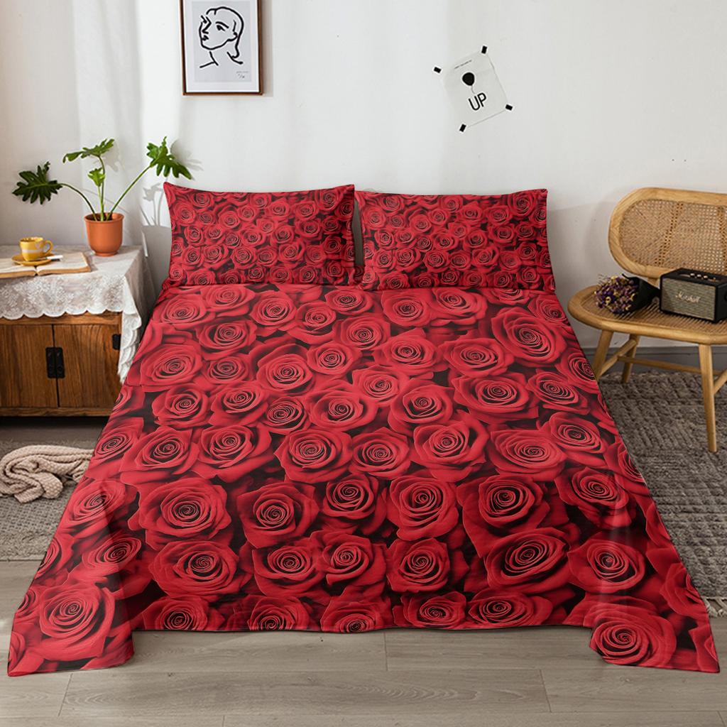 4-Piece Bed Sheet Set Of Full Rose, Including 1 Flat Bed Sheet, 1 Extra-Large Bed Sheet, 2 Pillowcases (Romantic, Anniversary)