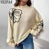 VEZFAA Женская мода Повседневный Осень Зима Цветочный узор Принт Длинный рукав Полуводолазка свитера