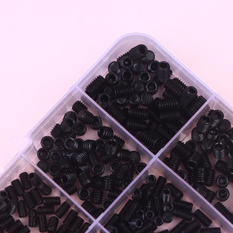 500 шт. M2.5 M3 M4 DIN913 Нержавеющая сталь 304 Черный Шестигранный Гексагон Socket Allen Плоский Конец Установочный Винт Набор Винтов Коробка