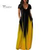 Women Maxi Dress with Pockets V Neck Short Sleeves Gradient Contrast Colors A-line Full Length Dress for Daily Party Dating