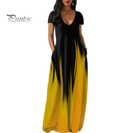 Women Maxi Dress with Pockets V Neck Short Sleeves Gradient Contrast Colors A-line Full Length Dress for Daily Party Dating