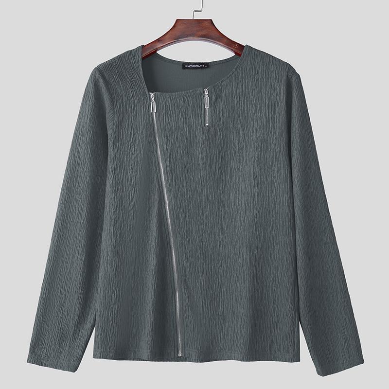 INCERUN Мужские весенние футболки с длинным рукавом на молнии с текстурой