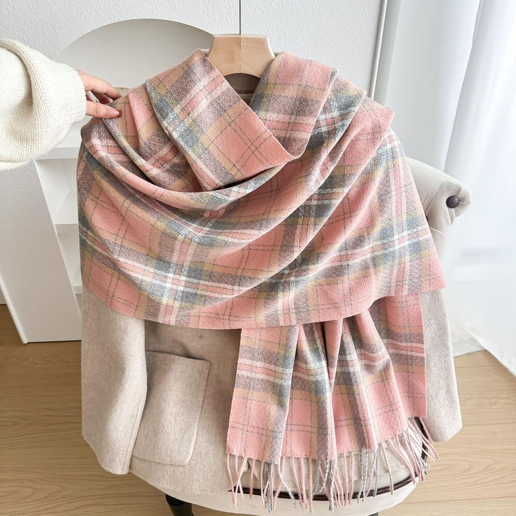 Korean Style Plaid Scarf for Women Winter Pinstripe Student Warm Thickened Imitation Cashmere Long Shawl Scarf