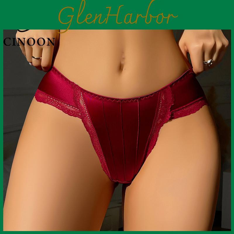 Cinoon Sexy Satin Womens Lace Panty Silky Luxury Panties French Elegant Breathable Briefs Burgundy Solid Color Soft Lingerie
