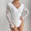 Women Bodysuit Flower Embroidery Lace Elastic Deep V Neck See-through Long Sleeve Solid Color Slim Fit Soft Breathable Spring Playsuit