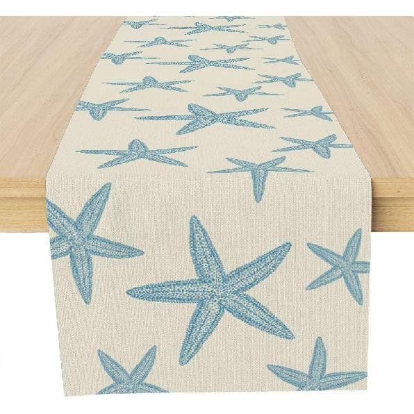 Blue Starfish Table Runner,Nautical Beach Table Runner Decor for Dinning Room Kitchen Ocean Sea Decorations for Holiday Party, Housewarming Gifts for