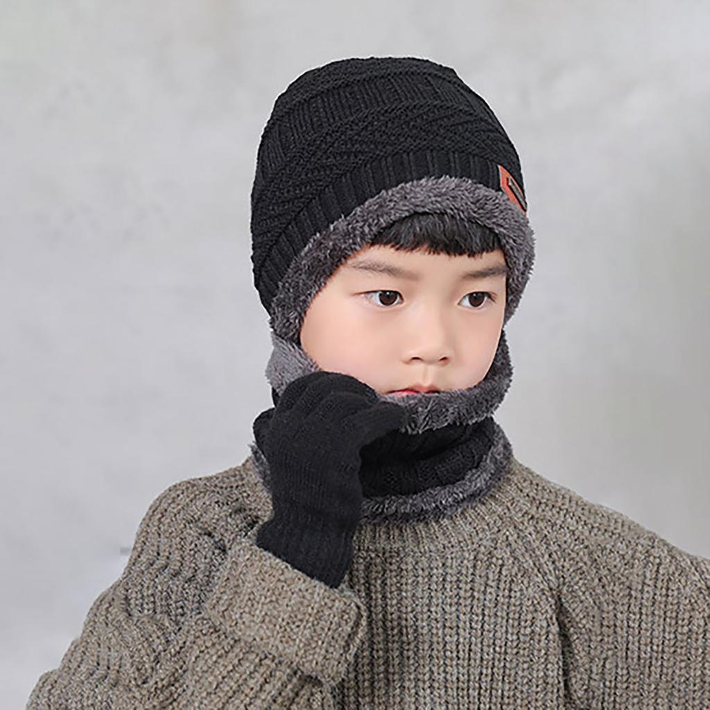 Детский однотонный вязаный шерстяной шарф, шапка, теплые три комплекта