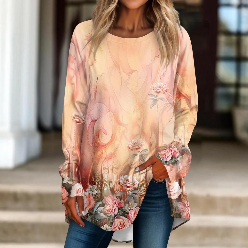 Женская повседневная футболка больших размеров с длинными рукавами и круглым принтом, верхний пуловер
