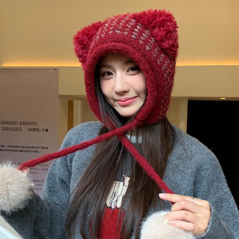 Зимняя шапка для девочки, милая плюшевая шапка с медведем, ветрозащитная и теплая, цельная шапка с помпоном, холодостойкая вязаная шапка