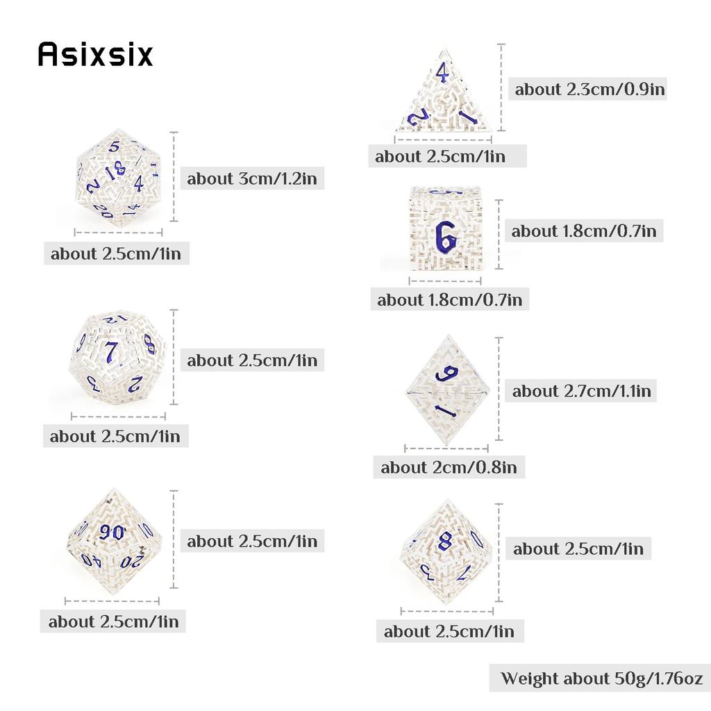 7 Pcs White Blue Metal Dice Maze Hollow Metal Polyhedral Dice Set Suitable for Role-Playing RPG Board Game Card Game