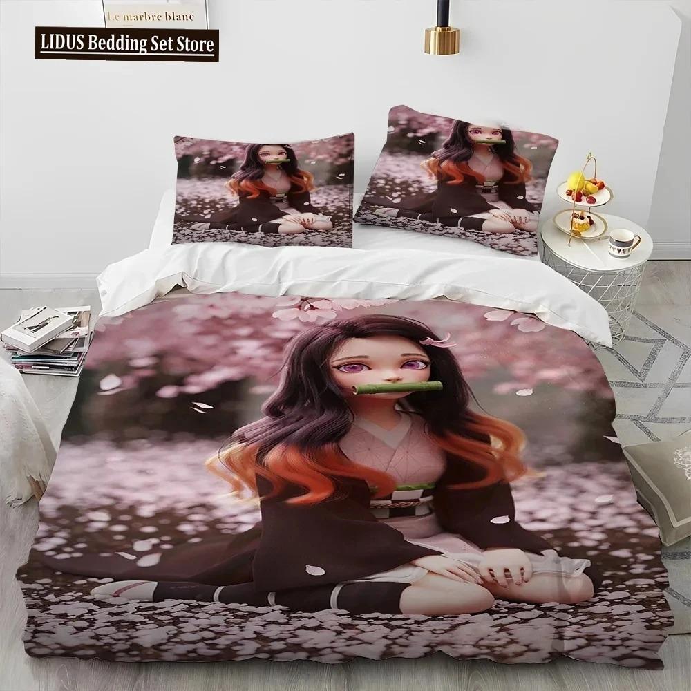 Demon Slayer Bedding Set Kamado Nezuko Duvet Cover Set Bedspread Pillowcase King Queen Full Single Size Bed Linen Boys Teen Gift