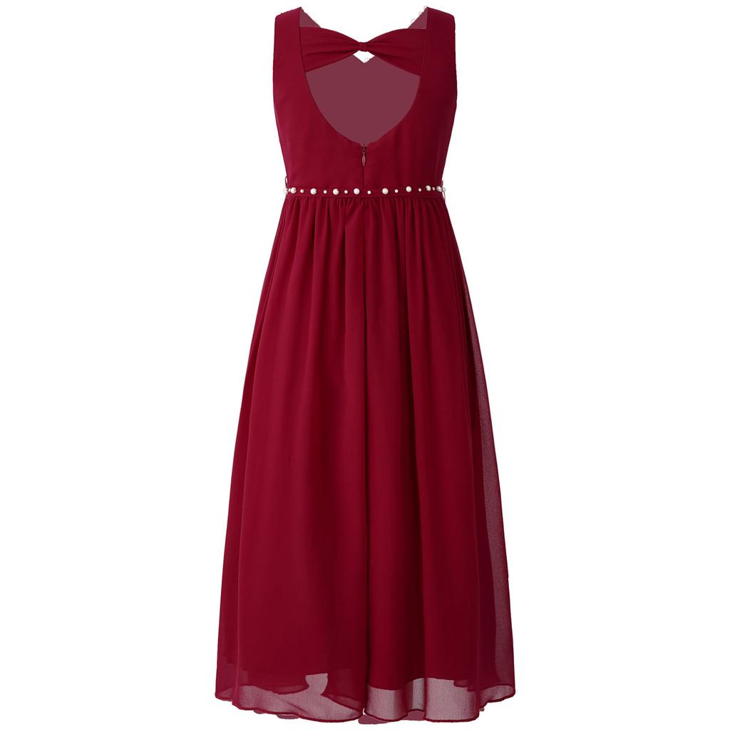 Flower Girls Dress Elegant Beaded Chiffon Party Summer Dress Ruched V Neck Sleeveless Dress for Bridesmaid Wedding