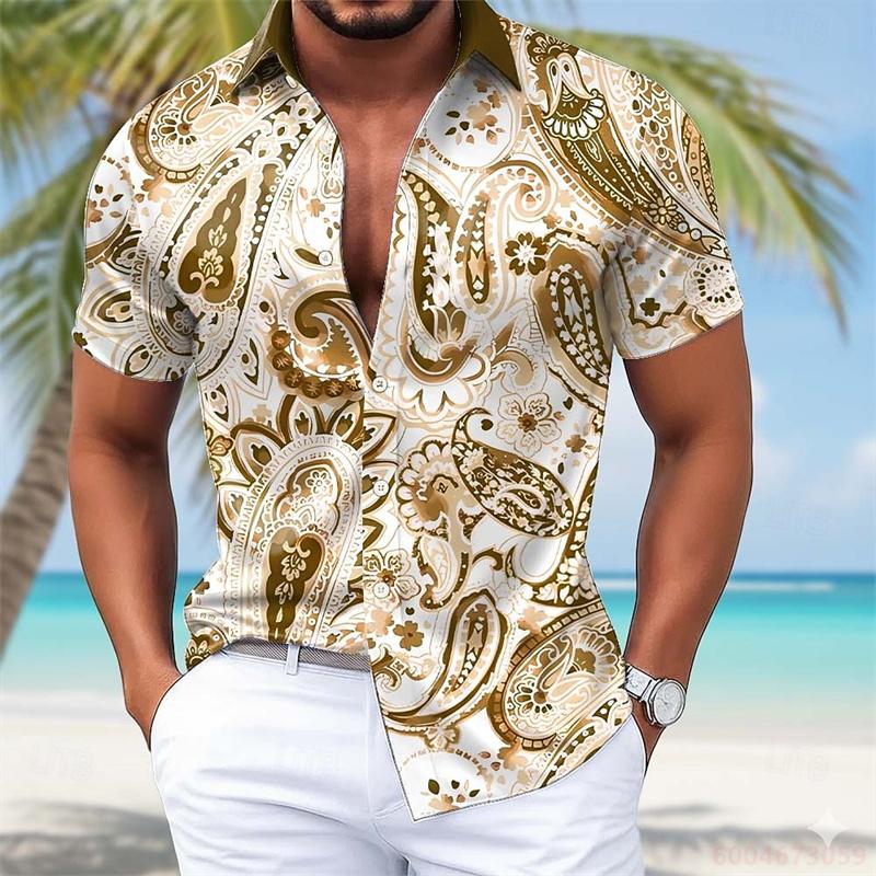 Summer Lightweight Men's Collared Shirt, Gradient Wavy Print, Stylish Casual Vacation Loose Hawaiian Style Men's Shirt, XS-6XL