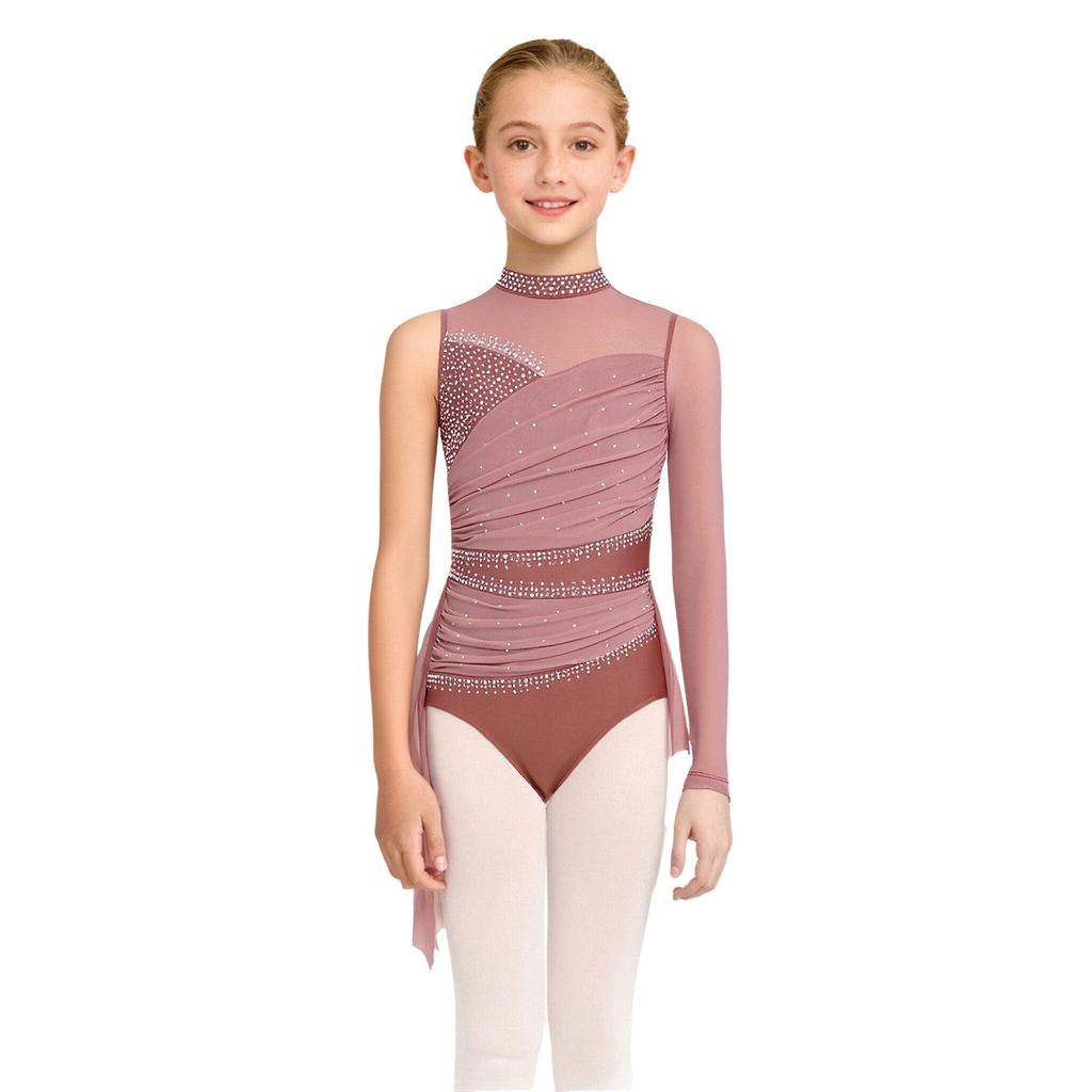 Kids Figure Skating Dress Girls Lyrical Dance Costume Sparkling Rhinestones Leotard with Mesh Skirt for Competition