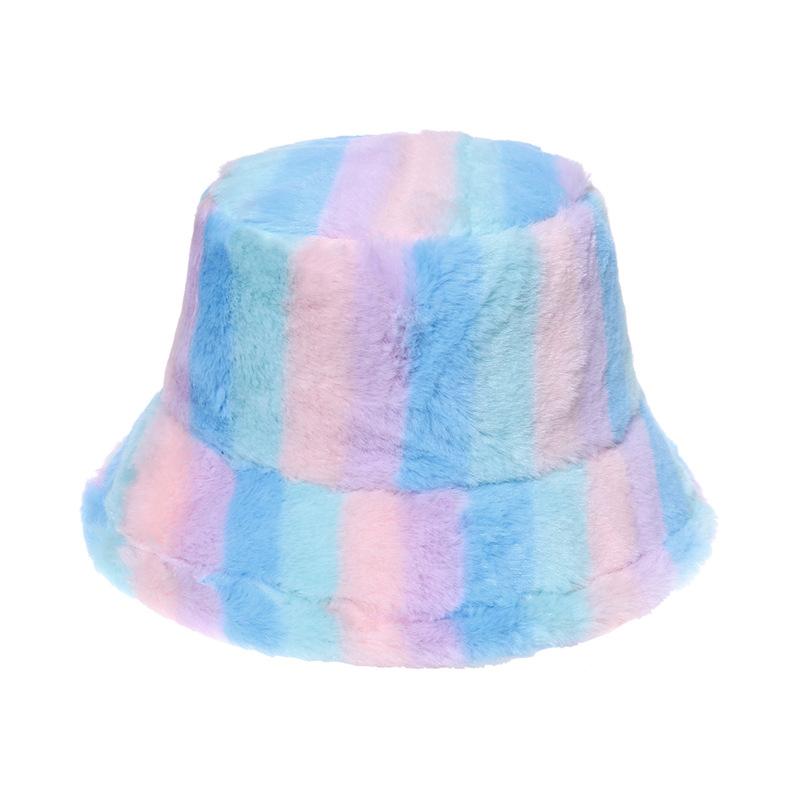 New Thermal Basin Hat Imitation Rabbit Hair Female Internet Celebrity Trend Female Colorful Rainbow Striped Bucket Hat Winter 2025