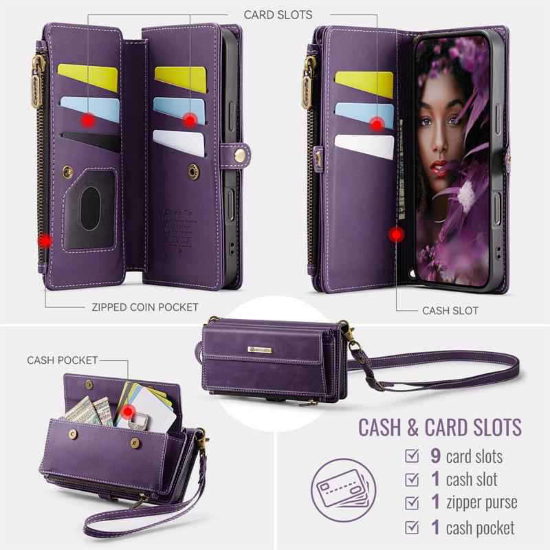 CaseMe Кожаный чехол-книжка для iPhone 17 Pro Max 17E Air 16 Plus 16E 15 14 13 12 11 X XS XR SE 2022 8 с длинным ремешком, кошельком на молнии, обложкой для нескольких карт