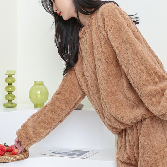 Женский пижамный комплект из 2 предметов, мягкий, удобный флисовый пуловер, рубчатый пижамный комплект, пушистый, теплый, плюшевый