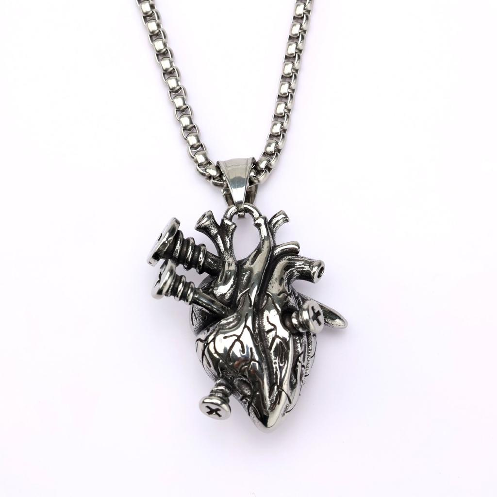Vintage Stainless Steel Men's Screw Heart Pendant Gothic Punk Necklace