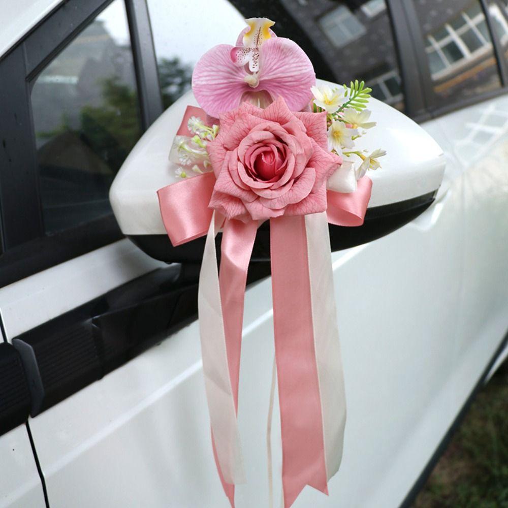 Ribbon Bow Wedding Decor Simulation Rose Car Decoration Artificial Rose Door Handle
