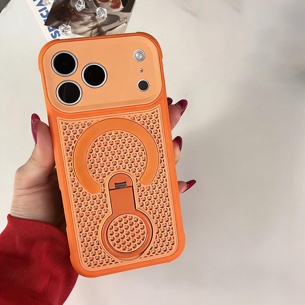 Heat Dissipation Magnetic Metal Grip Bracket Case For iPhone Air 17 16 15 14 13 12 11 Pro Max Plus For Magsafe Stand Phone Cover