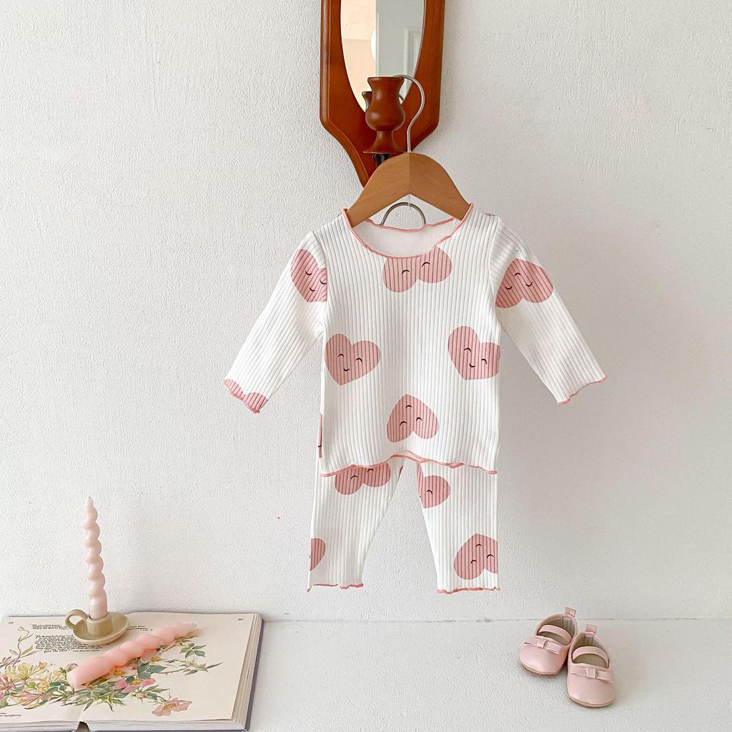 2024 Baby Girl Long Sleeve Love Dot Two-Piece Set with Ruffled Edges