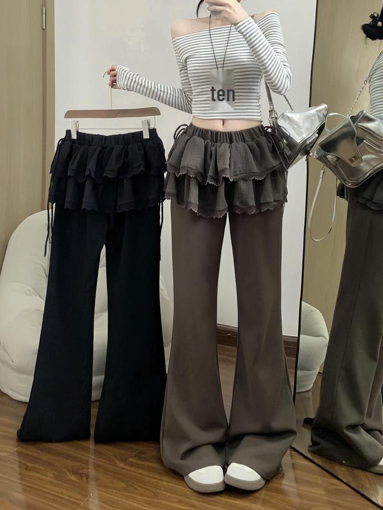 Женский утягивающий двухпредметный костюм с кружевной вставкой и расклешенными брюками из искусственной кожи - Балетный стиль, Высокая талия, Весна/Осень.
