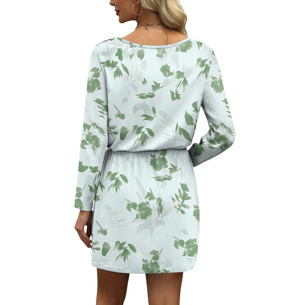 Женские модные платья с V-образным вырезом, длинным рукавом, кулиской, карманом и цветочным принтом, повседневные