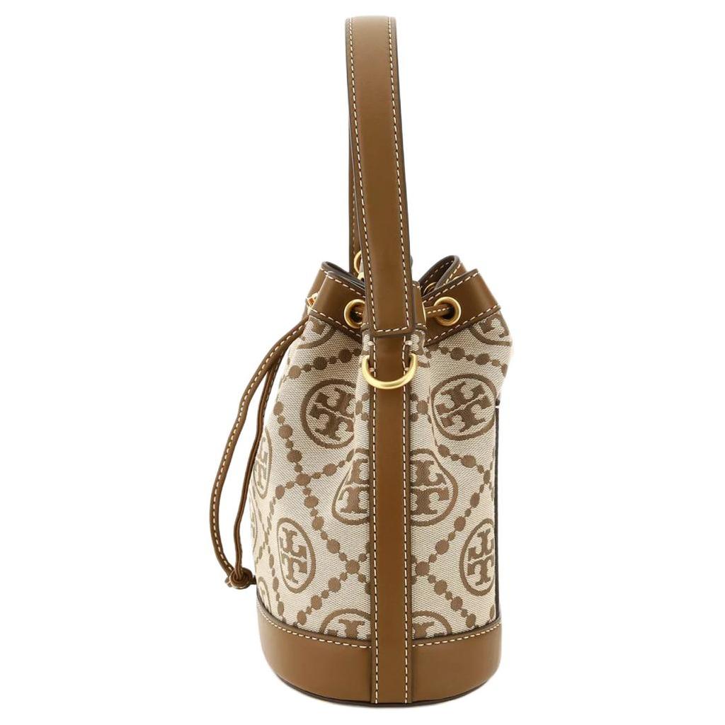 Tory Burch T Monogram Brass Accented Elegant Drawstring Bucket Bag With Push Lock Women Handbags Hazelnut-Brown 84336-371