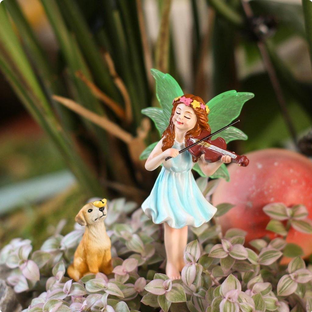 Violin Playing Fairy and dog Statue Weather Resistant Resin Garden Ornament HandPainted
