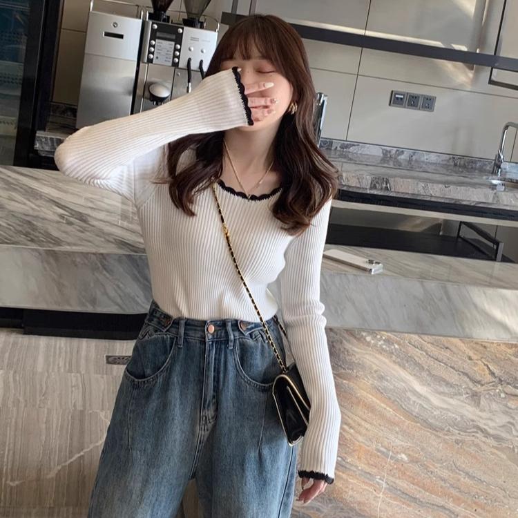 Сексуальный тонкий свитер для женщин, однотонный внутренний пуловер, осенний тонкий трикотажный свитер с длинными рукавами, повседневный трендовый свитер