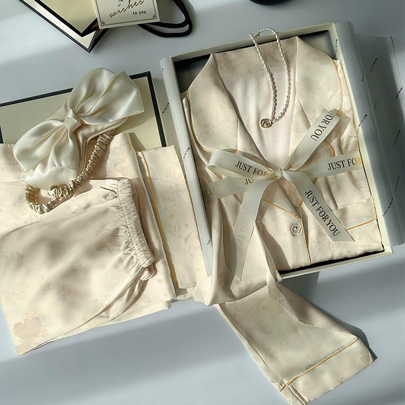 Sweet Bow Print Spring And Autumn Thin Long-Sleeved Suit Cardigan Pajamas Women'S Loungewear Can Be Worn Outside