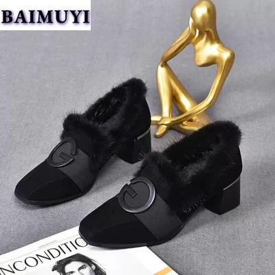 Модные меховые хлопковые мокасины женские туфли на высоком каблуке из замши и плюша на щиколотке 2024 года, зимние брендовые элегантные туфли с квадратным носком из кожи, толстые, теплые, Botas Mujer