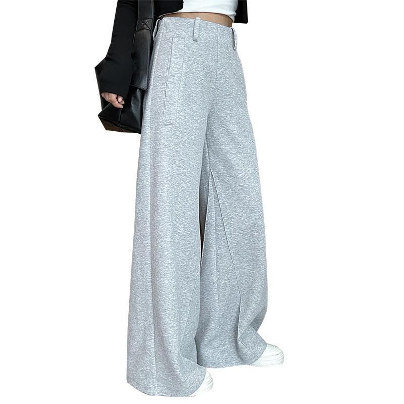 Womens Gray Wide-Leg Cropped Jogger Pants 2026 High Waist Loose Fit Comfortable Cotton Blend