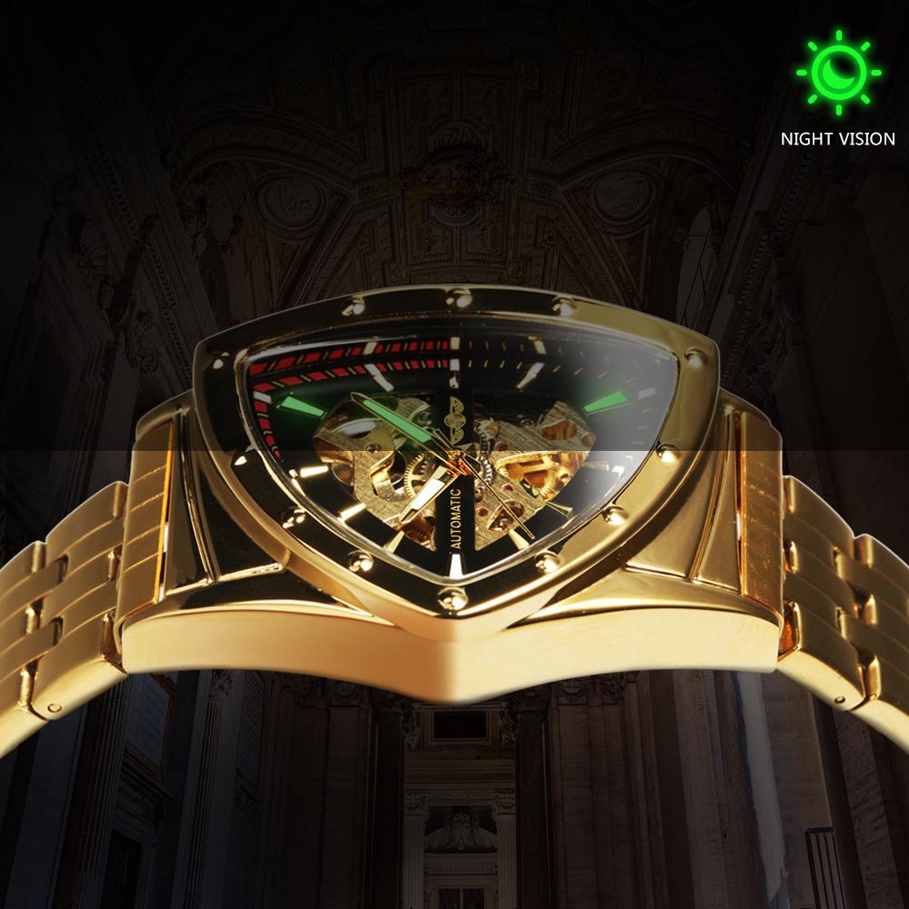 WINNER Мужские автоматические механические наручные часы с треугольным скелетом, золотые и черные часы, нестандартный роскошный ремешок из нержавеющей стали