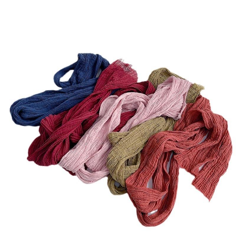 Retro Pleated Ramie Scarf Slender And Narrow Long Silk Scarf Japanese Mori Women Versatile Extended Neck Protector Scarf Shawl