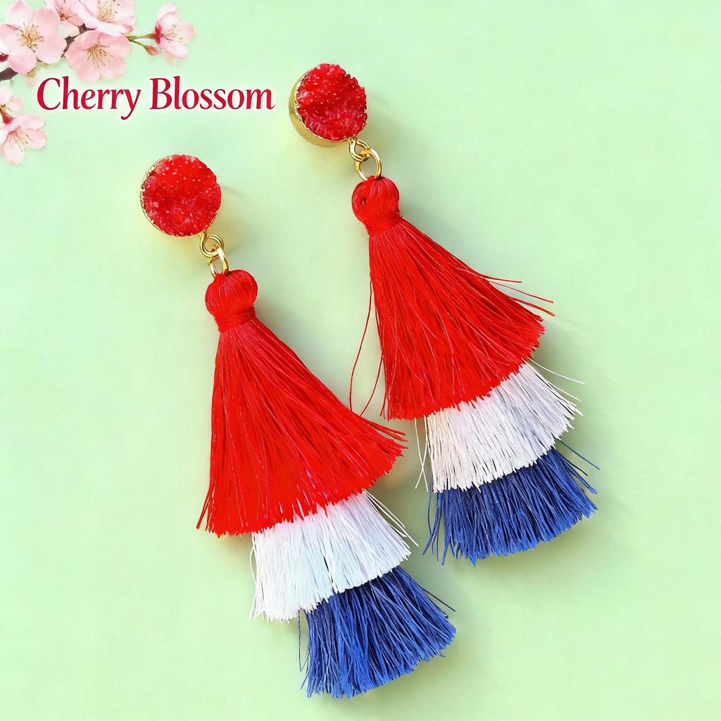 American Independence Day Tassel Earrings - Red, White, Blue Flag Colors