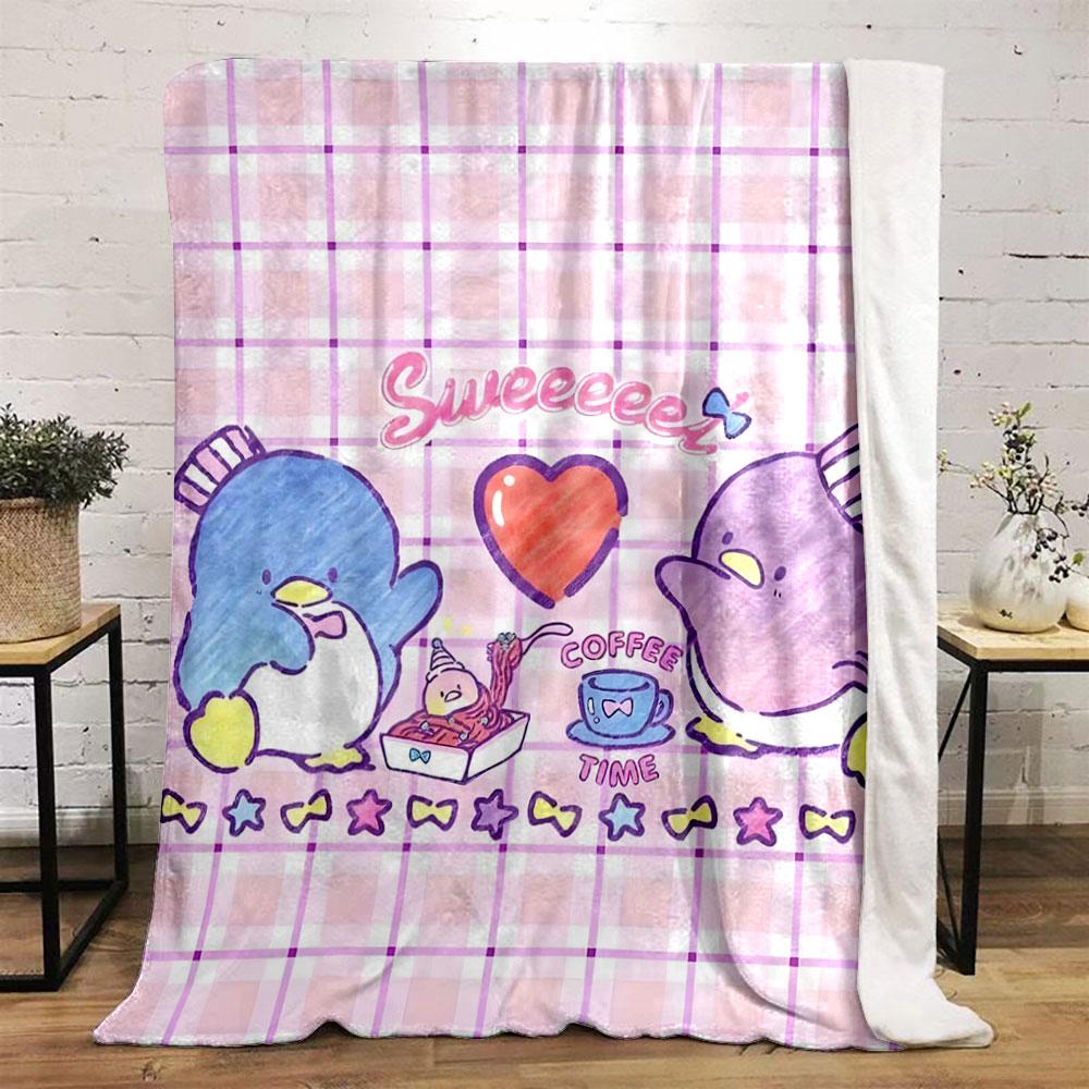 Cute penguins enjoying a meal with a heart motif and pastel checkered backdrop. for all seasons blanket lunch break throw gift