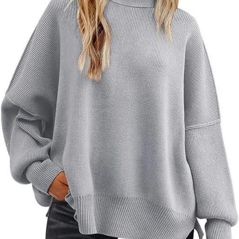 Женские свитера оверсайз «летучая мышь» 2025 Осенние наряды Модные вязаные топы-пуловеры с круглым вырезом и боковыми разрезами