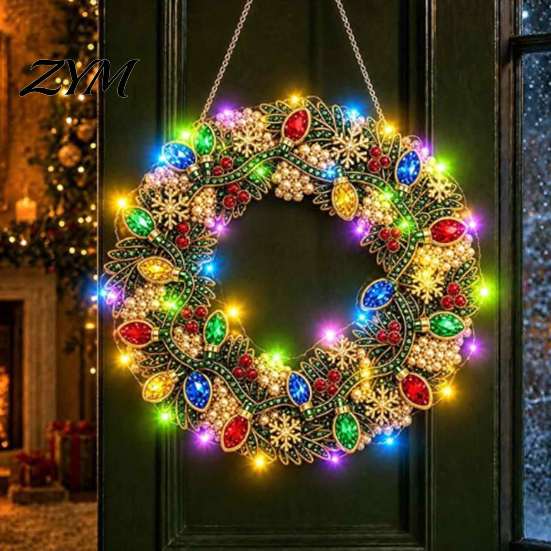 Christmas Hanging Ornament Craft Diamond Painting Wreath Kit with LED String Lights, Snowman Pearl Art Handmade Festive Home Decor for Adults,