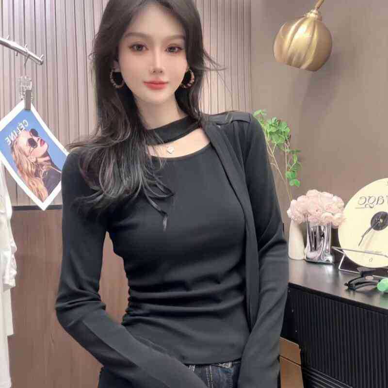 Women Halter Neck Long Sleeve Top Cutout Neck Slim Fitted Ruched Casual Blouse