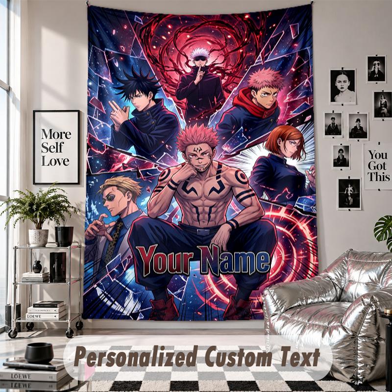 Wall Hanging Tapestry With Custom Name & Text, Jujutsu Kaisen Decorative Tapestry For Bedroom