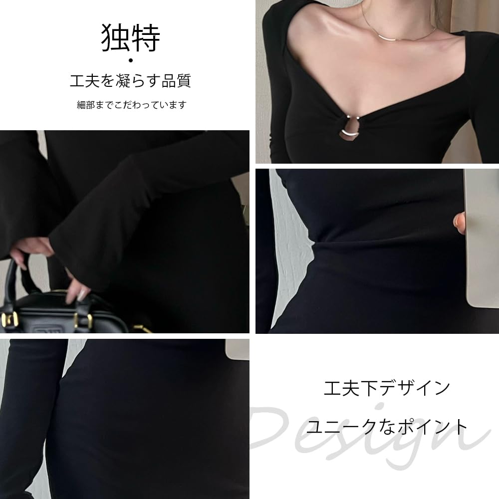 PHOLEEY Long Sleeve Sexy Tight Deep Slim Fit Stretch Perfect for Parties and Black Women's V-Neck Dress, Dates,