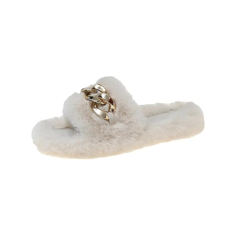 Зимние тапочки женские цепочные толстые подошвы плюшевые тапочки модные женские уличные теплые тапочки на плоском каблуке