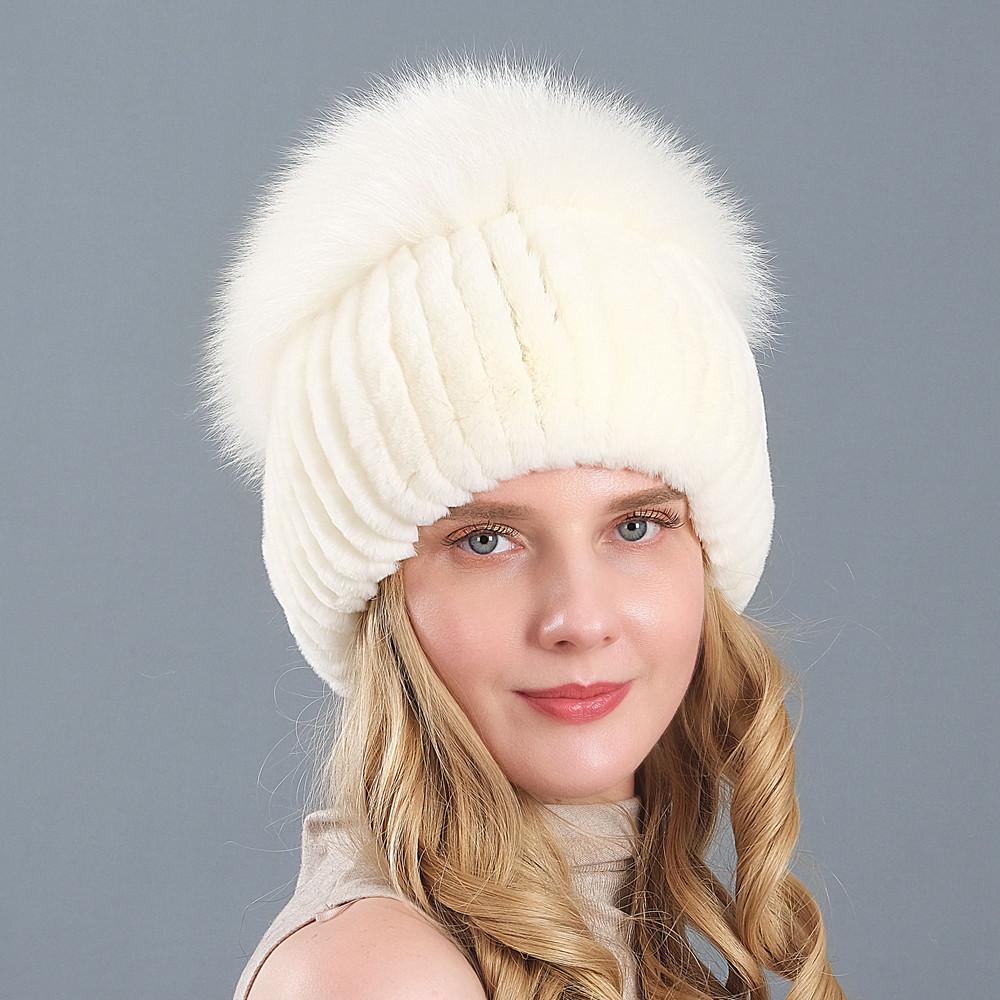New Style Women Real Genuine Fox Fur Beanies Hat Girls Natural Real Rex Rabbit Fur Skullies Cap Knit Winter Real Fur Hats